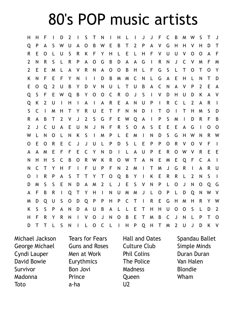 80 s POP Music Artists Word Search WordMint