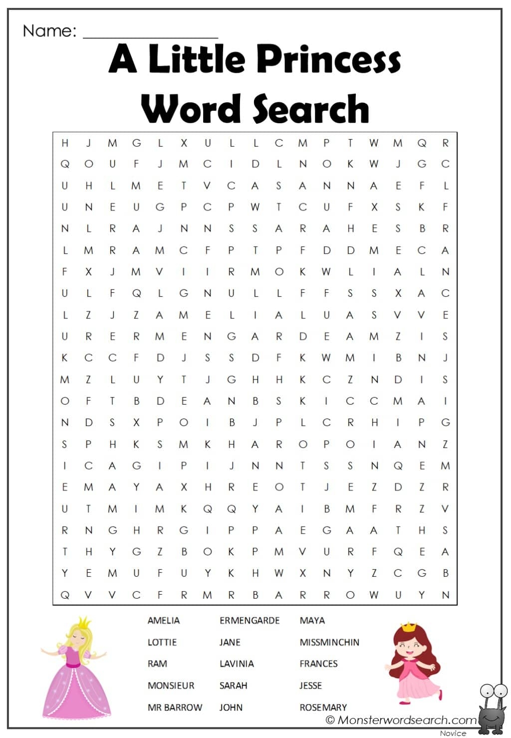 A Little Princess Word Search Monster Word Search
