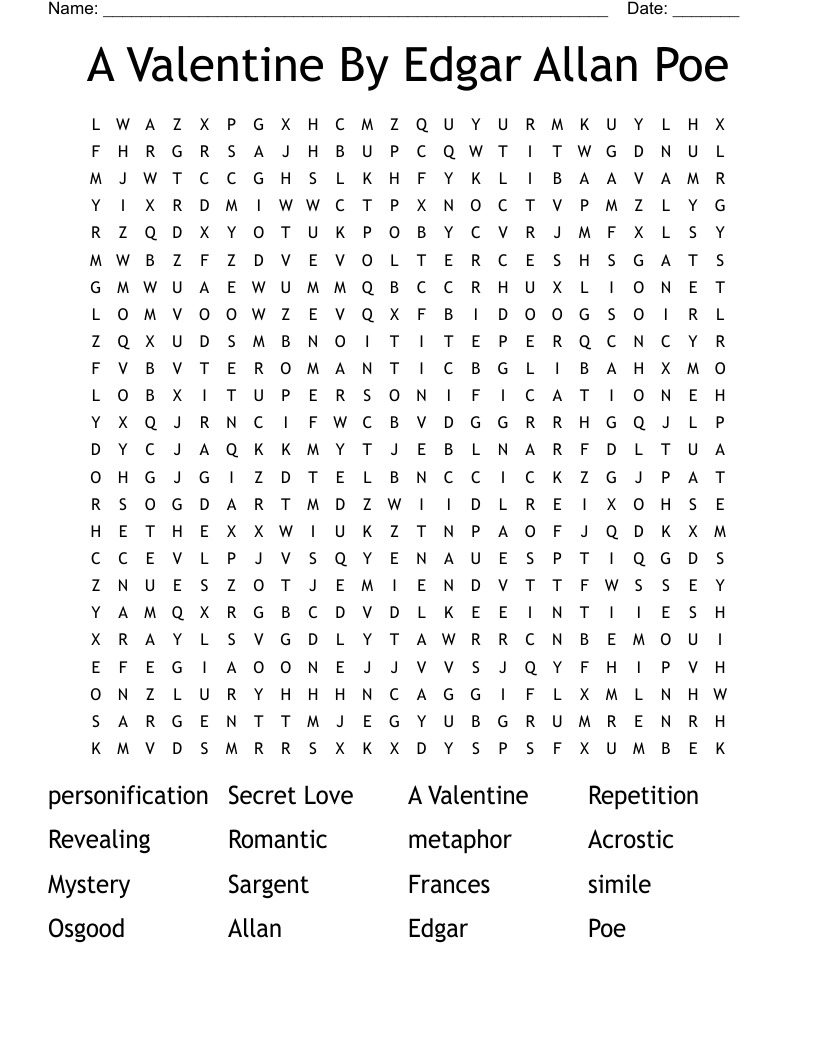 A Valentine By Edgar Allan Poe Word Search WordMint