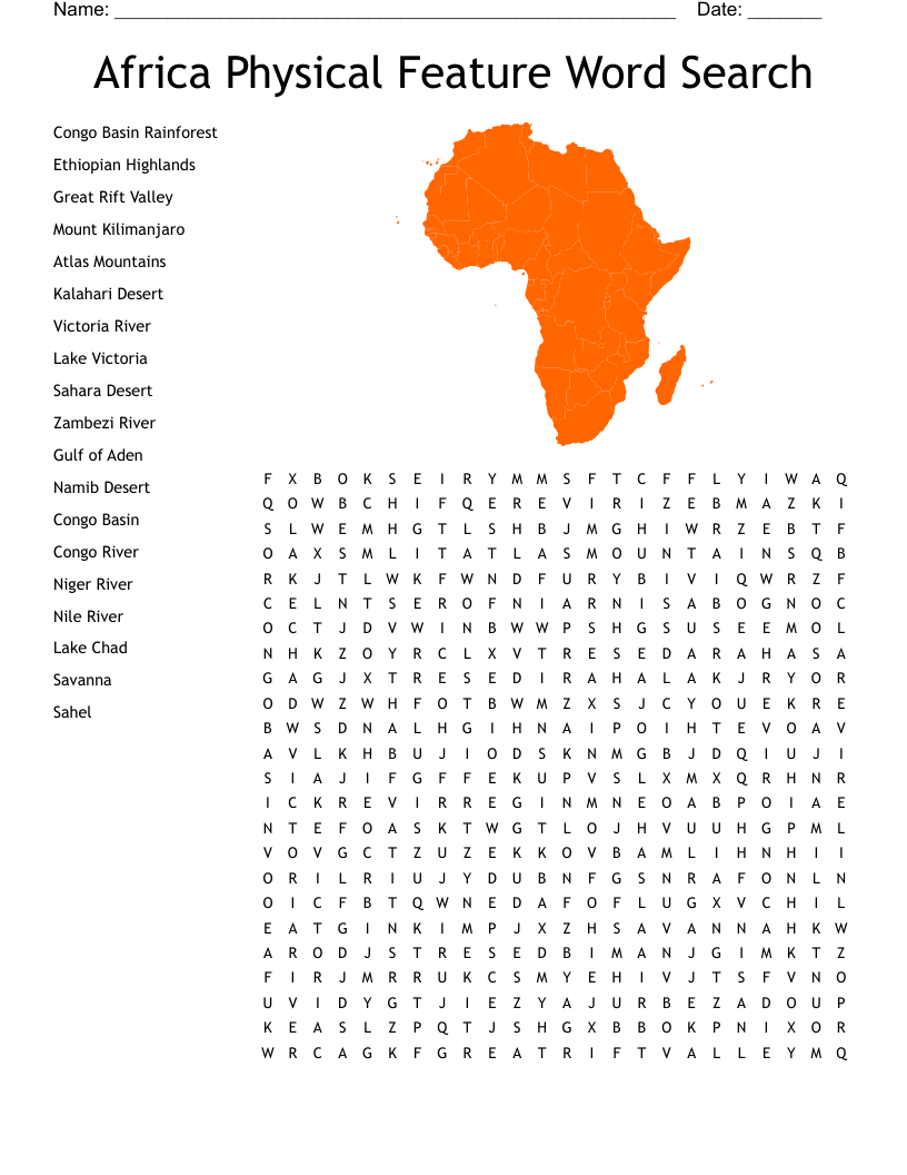 Africa Physical Feature Word Search WordMint