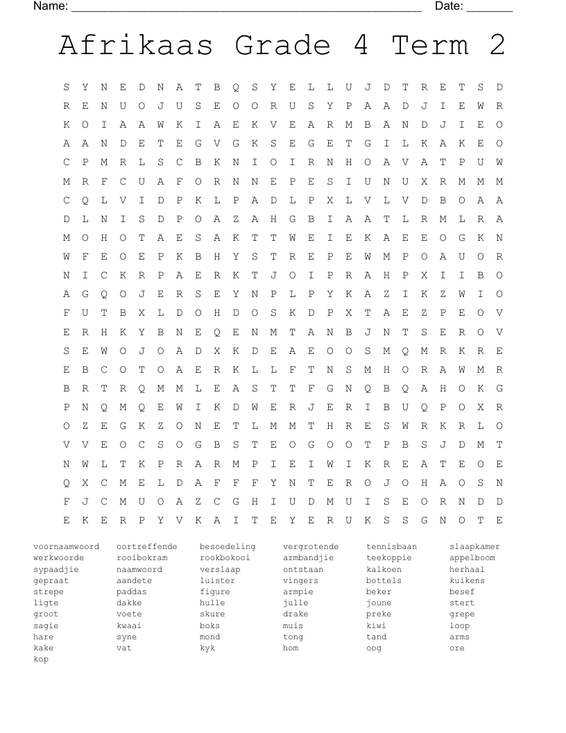 Printable Afrikaans Word Search