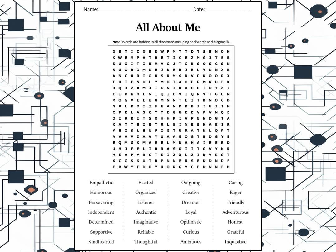 All About Me Word Search Puzzle Worksheet Activity Teaching 