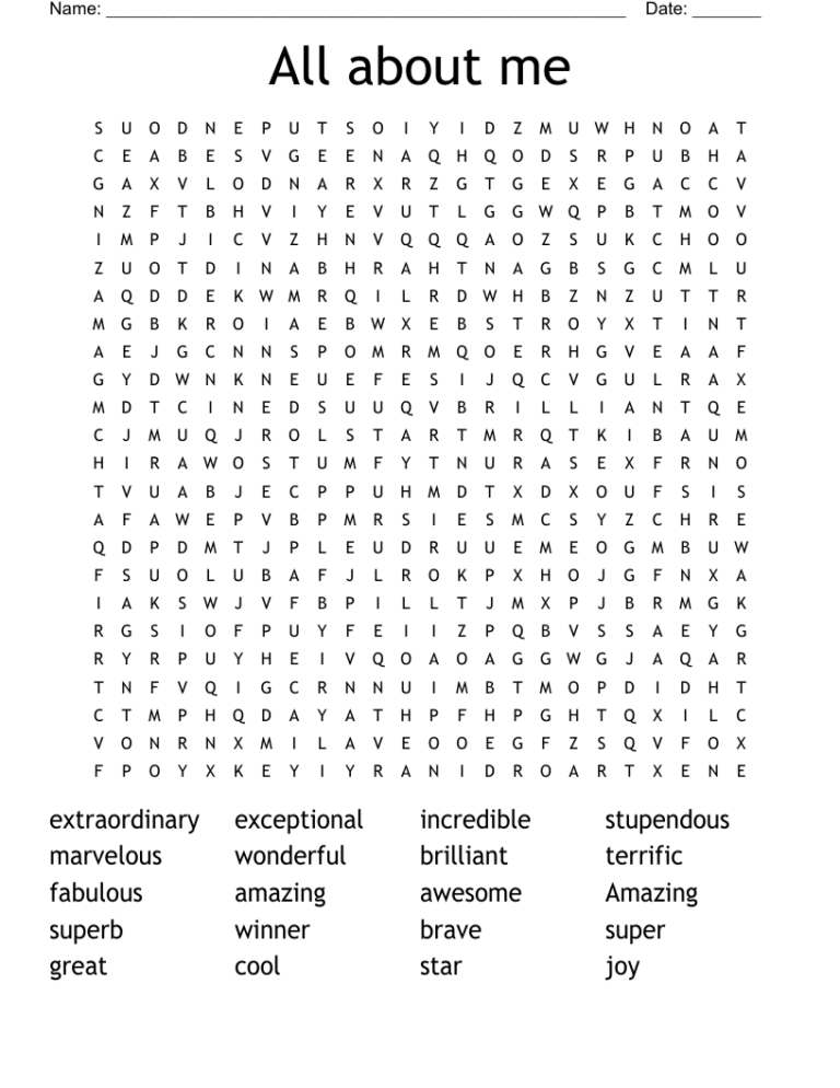 All About Me Word Search WordMint