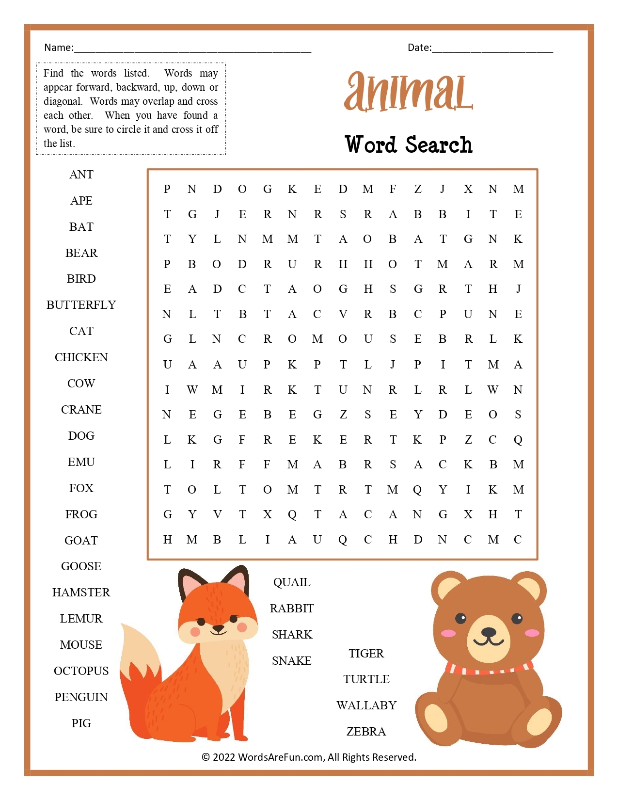 Easy Animal Word Search Printable