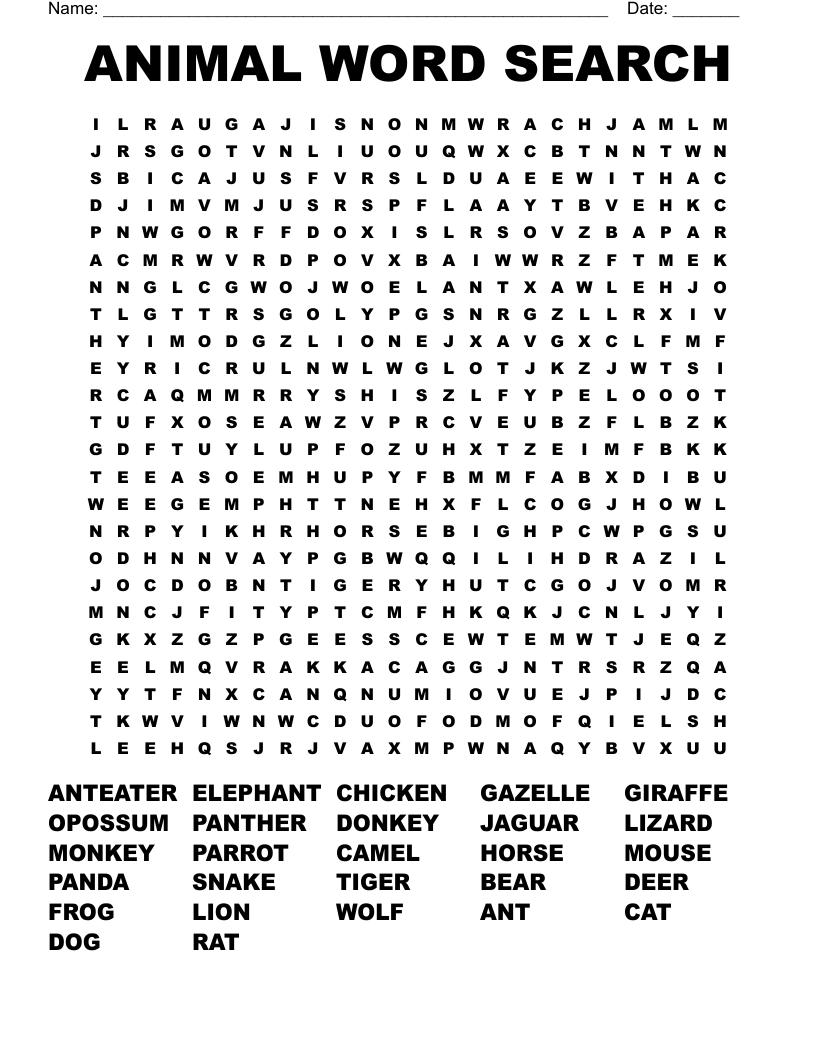 Hard Animal Word Search Printable