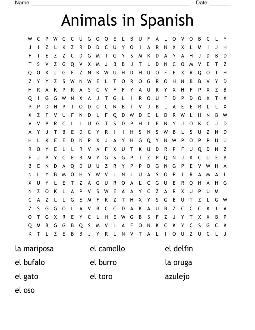 Animals In Spanish Word Search WordMint