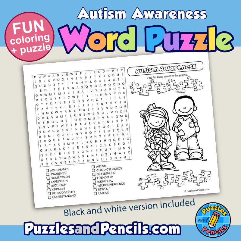 Autism Awareness Word Search Puzzle Activity Page And Coloring Wordsearch Made By Teachers