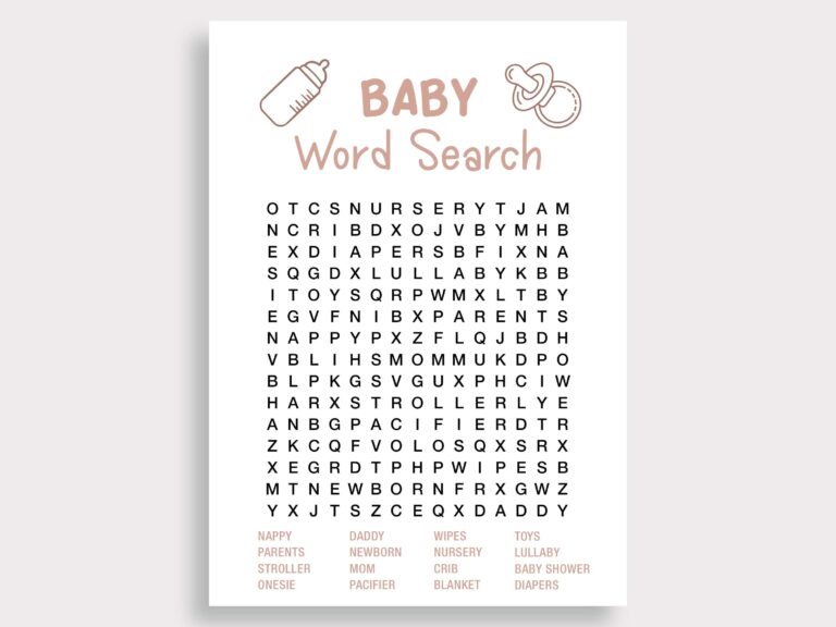 Baby Word Search Game Girl Baby Shower Games Pink Baby Shower Game 