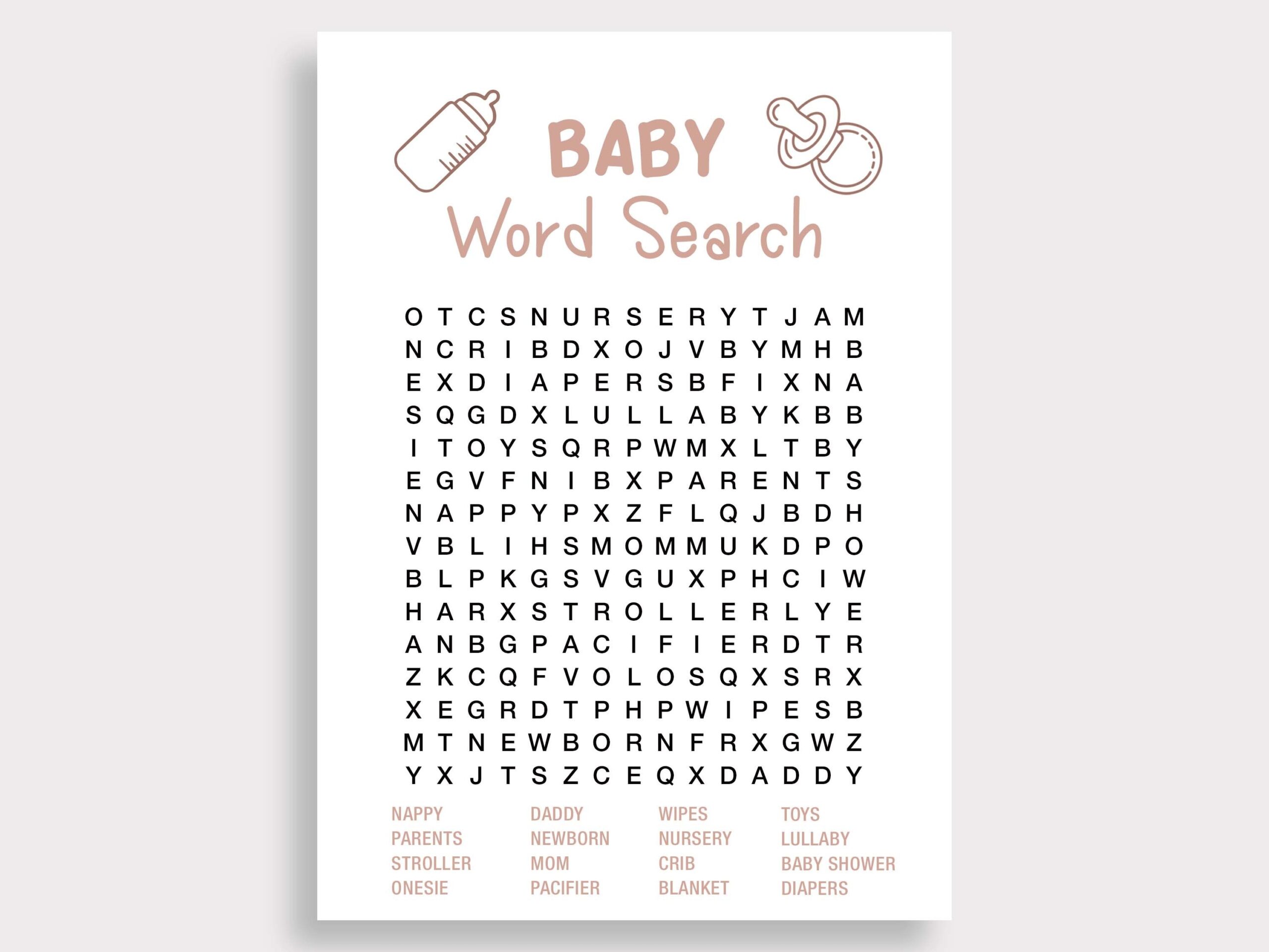 Baby Word Search Game Girl Baby Shower Games Pink Baby Shower Game