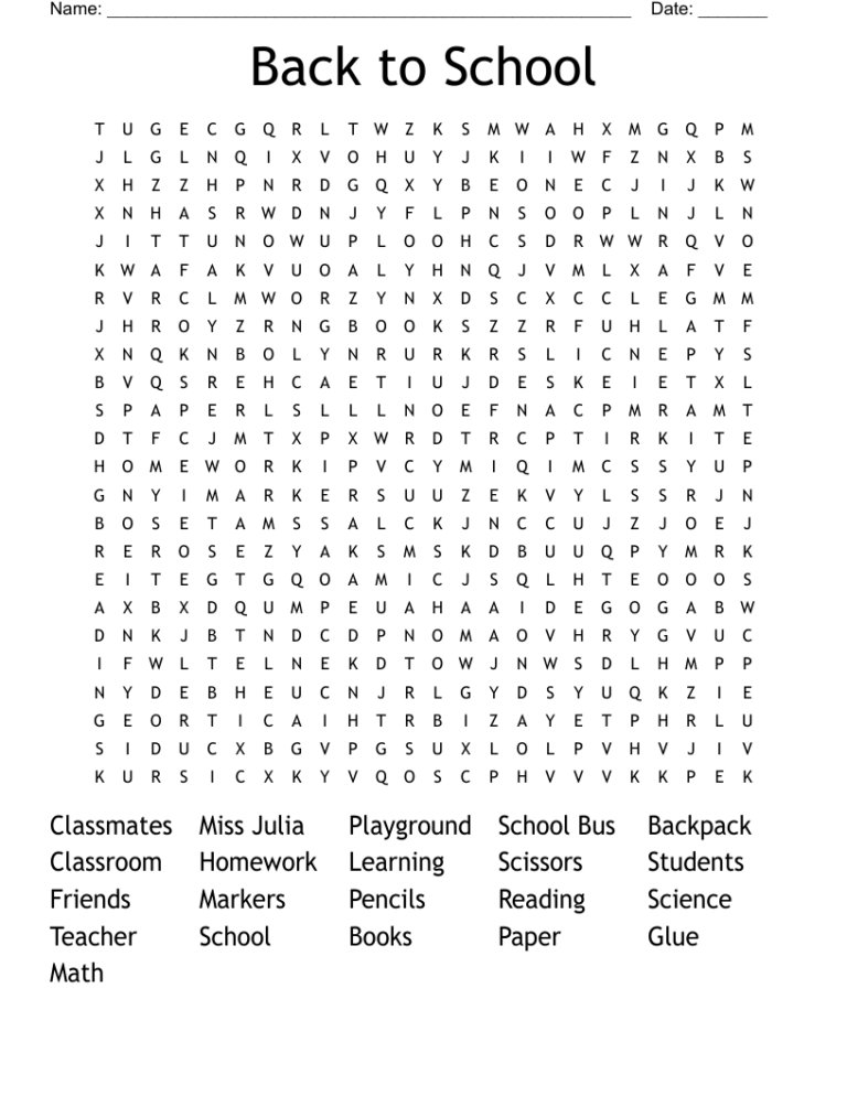 Back To School Word Search WordMint
