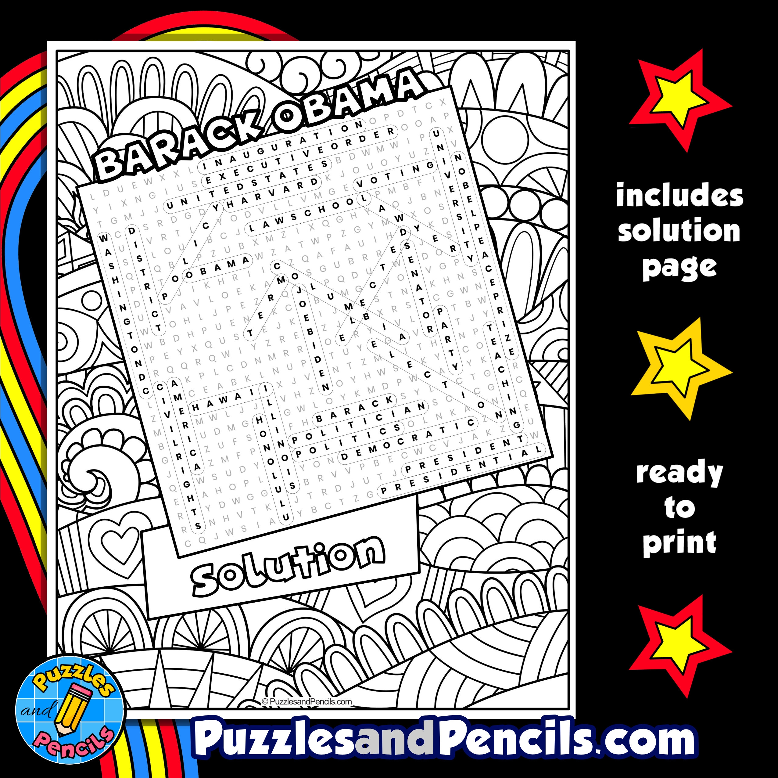 Barack Obama Word Search Puzzle Activity Black History Month Wordsearch
