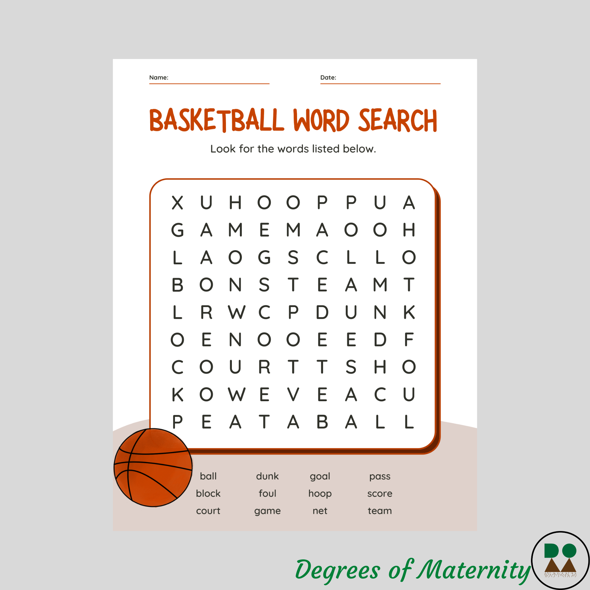 Basketball Printable Word Search