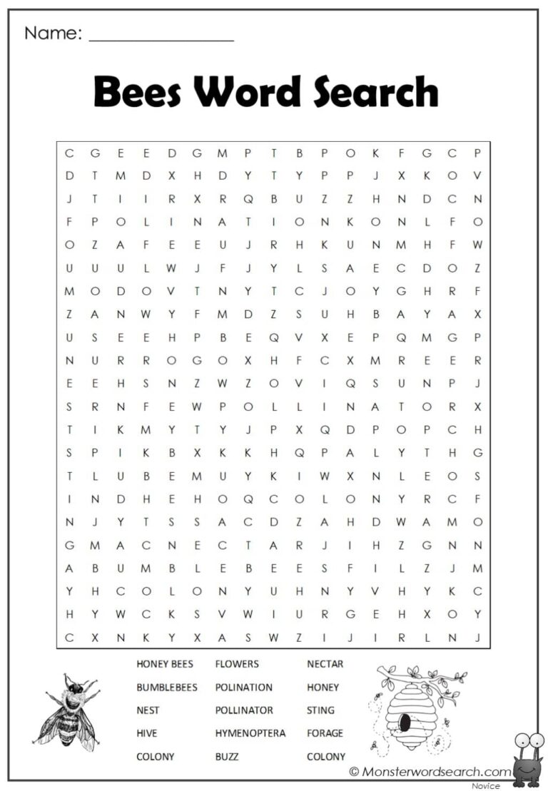 Bees Word Search Monster Word Search