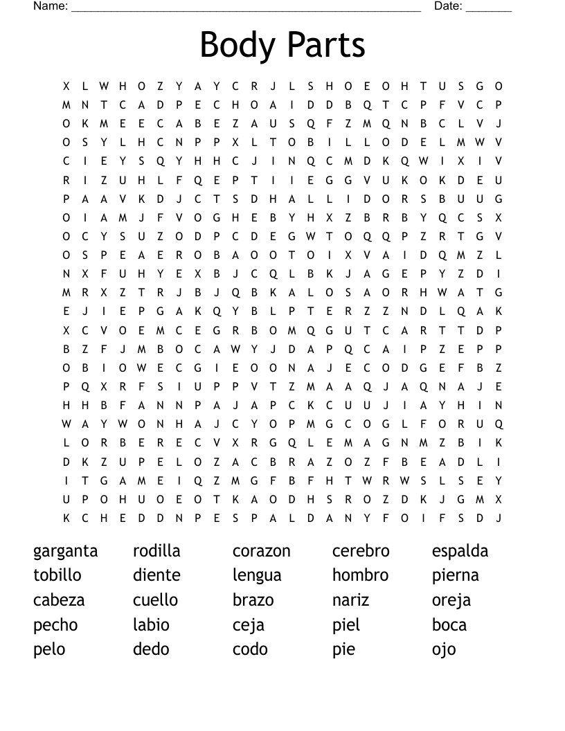 Body Parts Word Search WordMint Body Parts Word Search WordMint