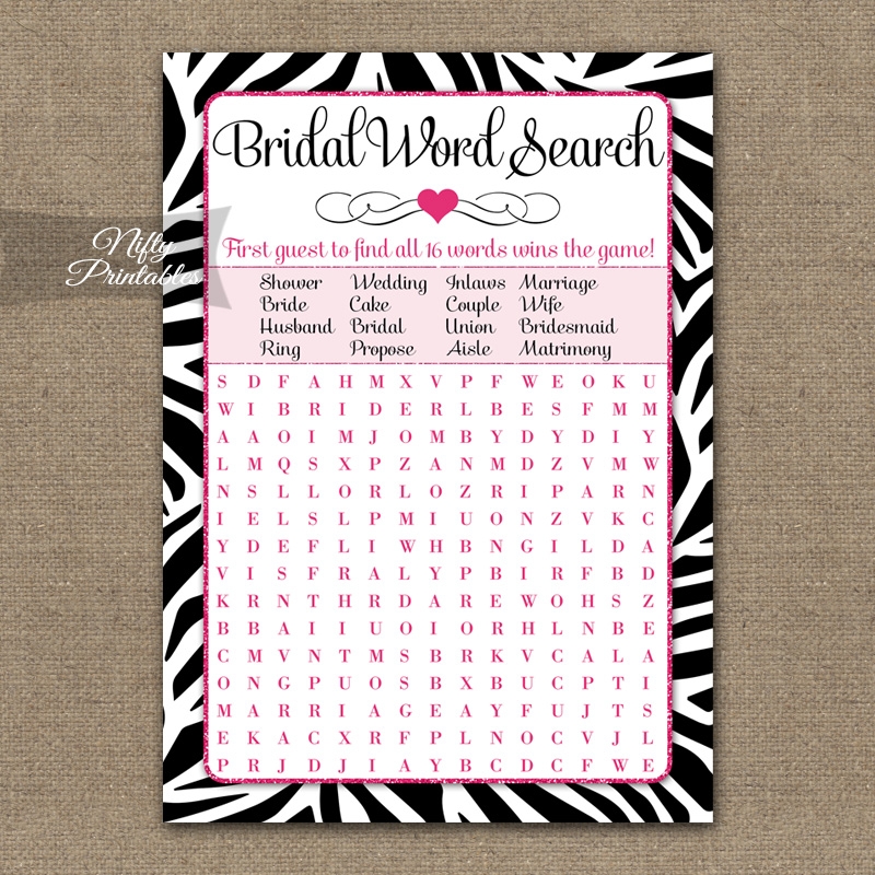 Bridal Shower Word Search Game Zebra Pink
