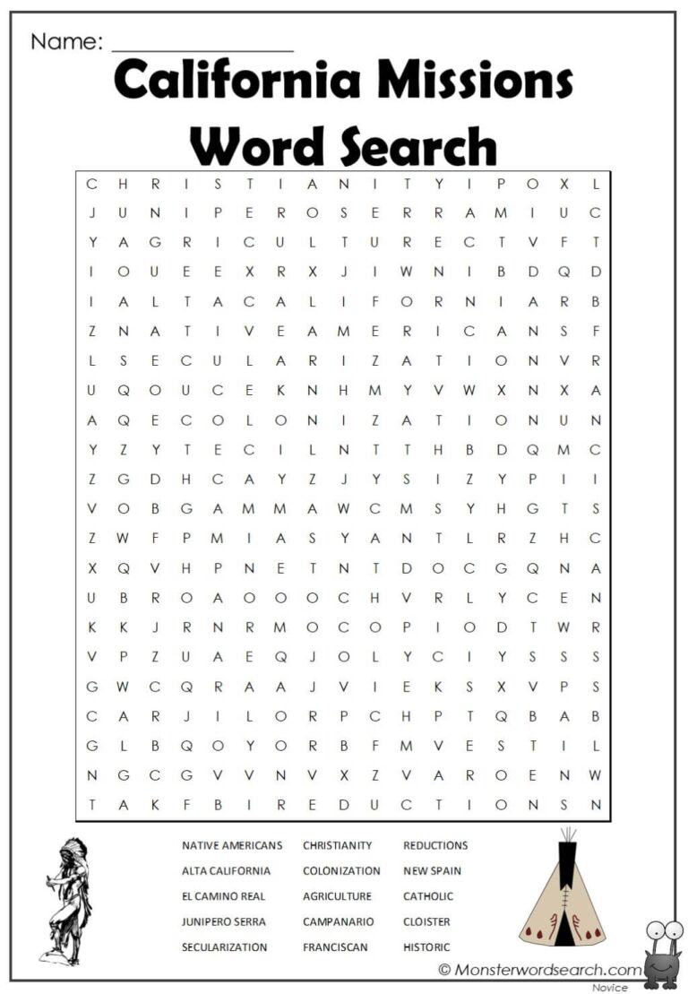California Missions Word Search Monster Word Search