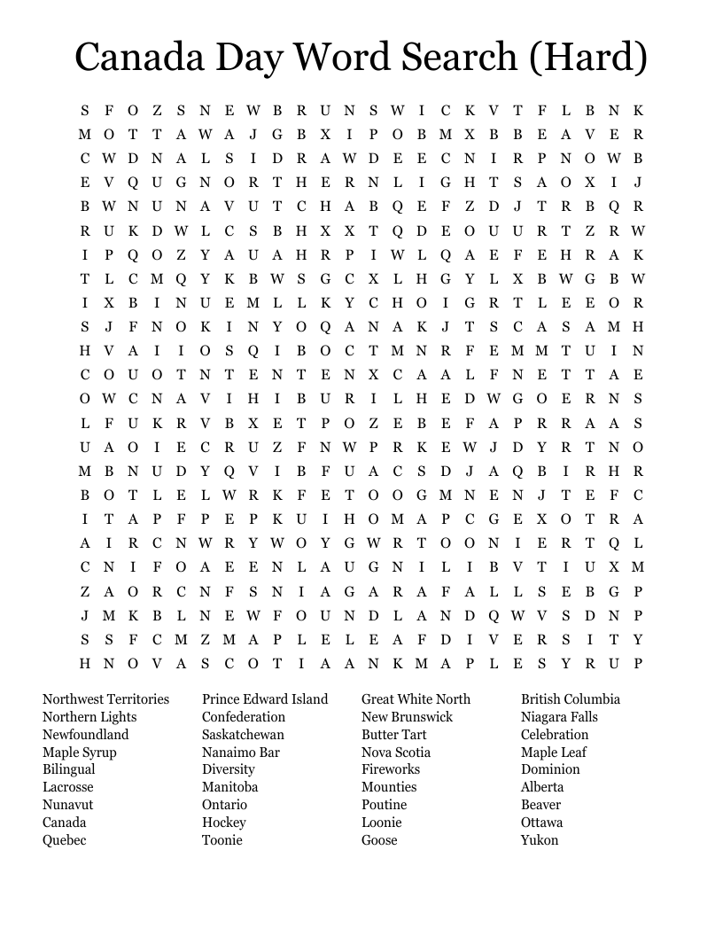 Canada Day Word Search Hard WordMint