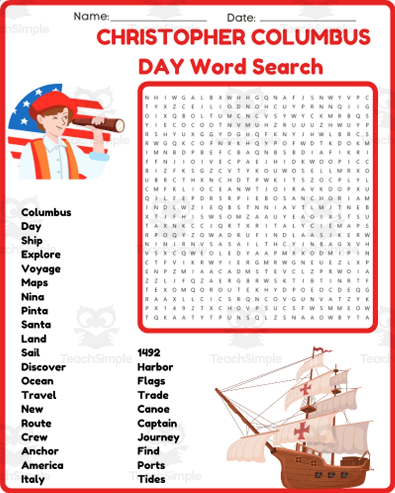 CHRISTOPHER COLUMBUS DAY Word Search Puzzle Worksheet Activity