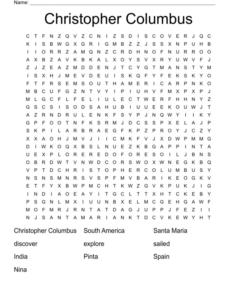 Christopher Columbus Word Search WordMint