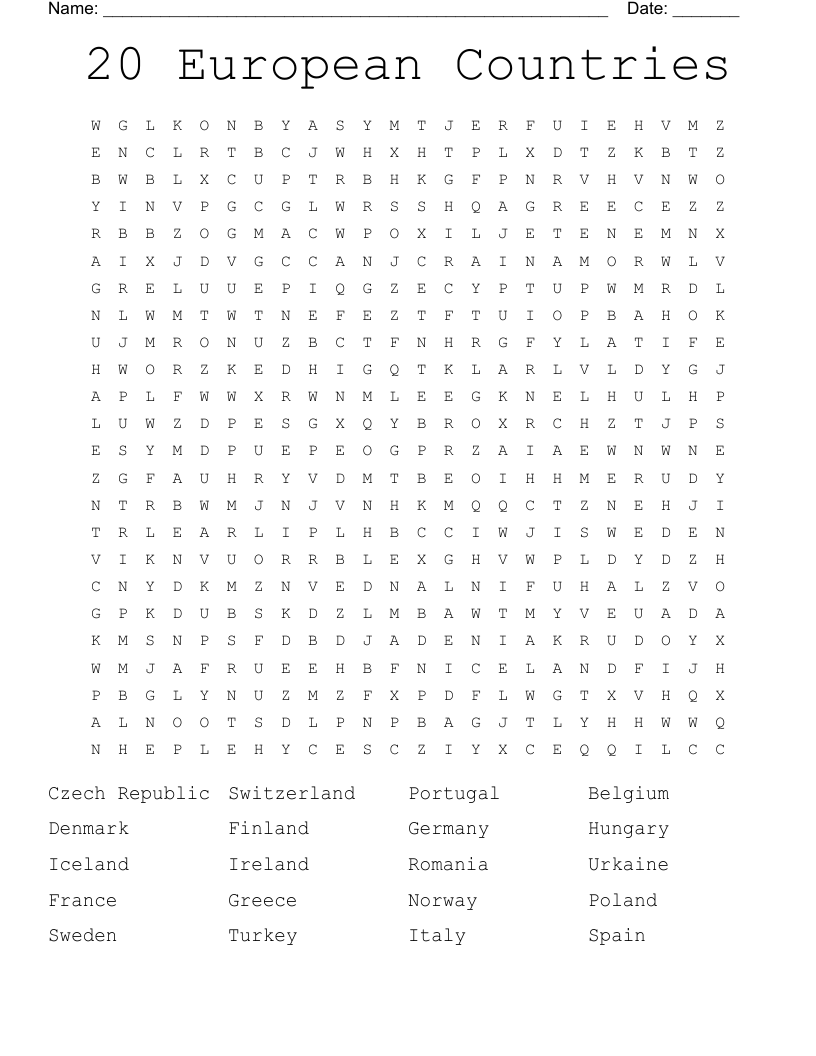Countries Of Europe Word Search WordMint