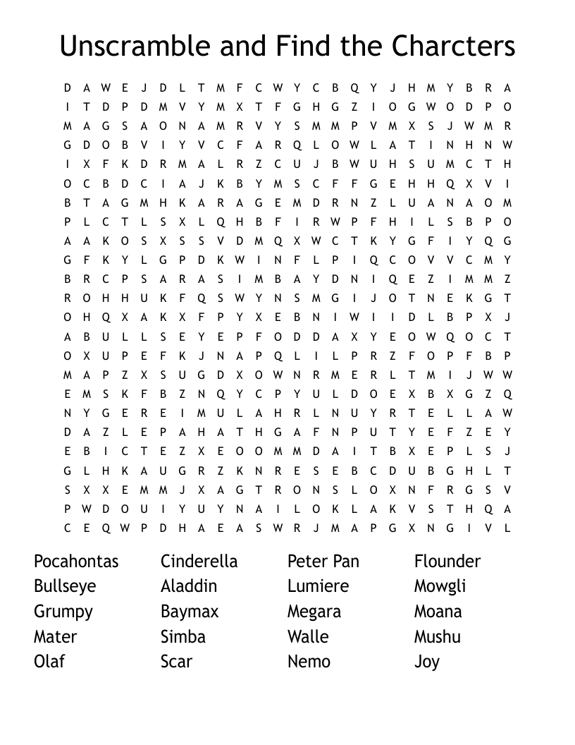 Disney Characters Word Search WordMint
