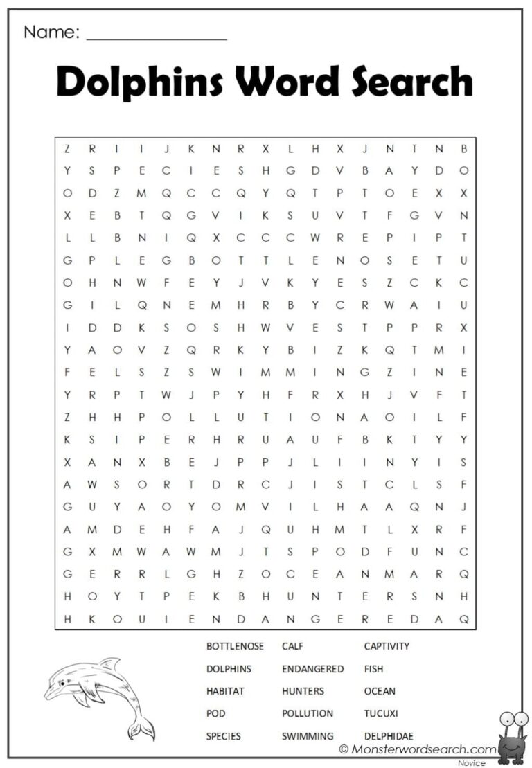 Dolphins Word Search Monster Word Search