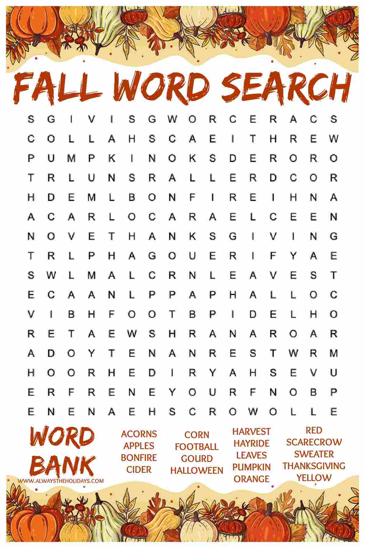 Kids Fall Word Search Printable