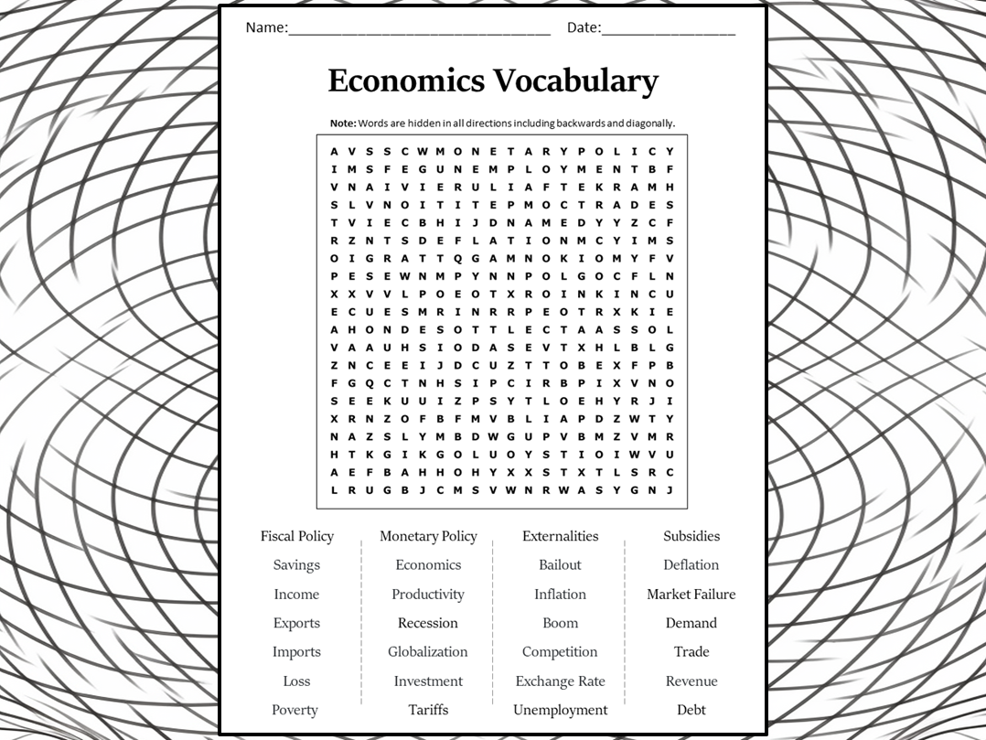 Economics Vocabulary Word Search Puzzle Worksheet Activity Teaching Resources