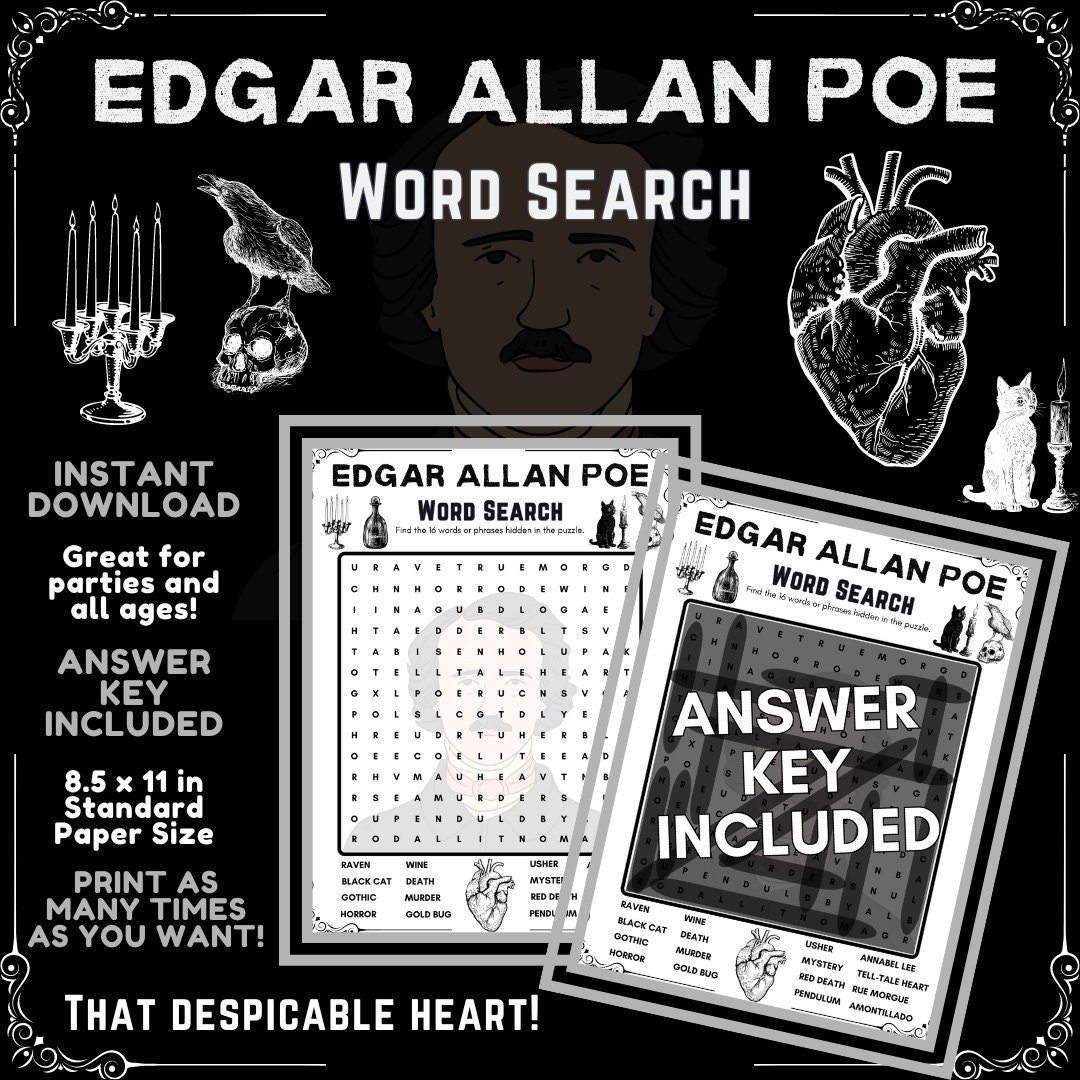 Edgar Allan Poe Word Search Puzzle Instant Digital Download Printable Party Game For Fans And Learning About The Master Of The Macabre Etsy