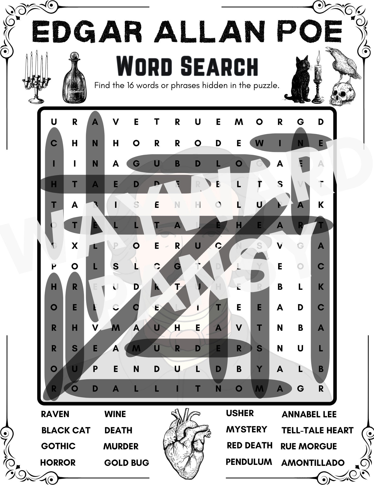 Edgar Allan Poe Word Search Puzzle Instant Digital Download 