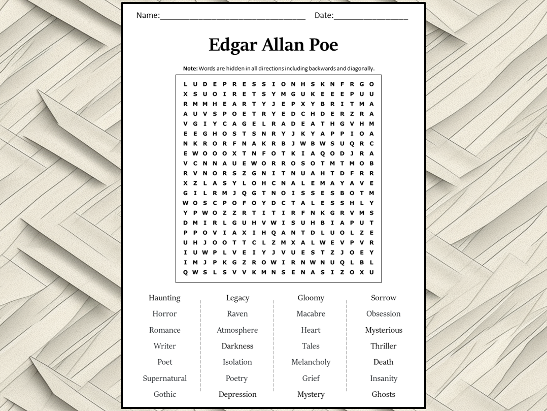 Edgar Allan Poe Word Search Puzzle Worksheet Activity Teaching 