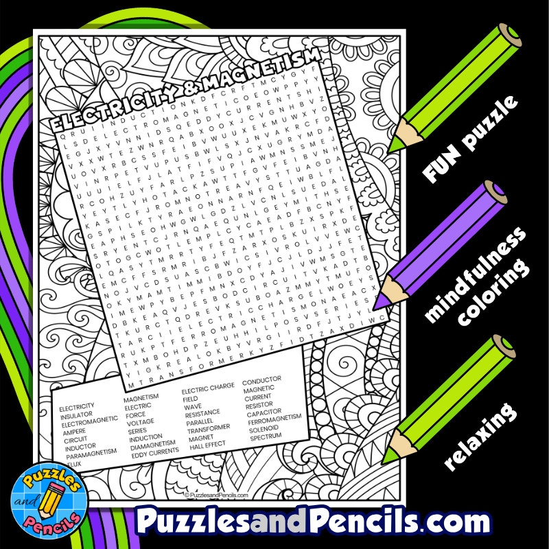 Electricity U0026 Magnetism Word Search Puzzle With Coloring Physics Wordsearch Made By Teachers