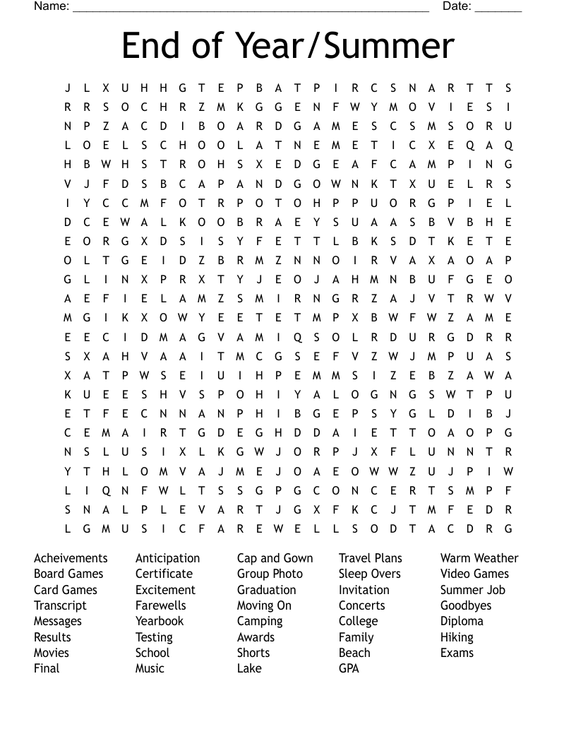 End Of Summer Word Search Printable