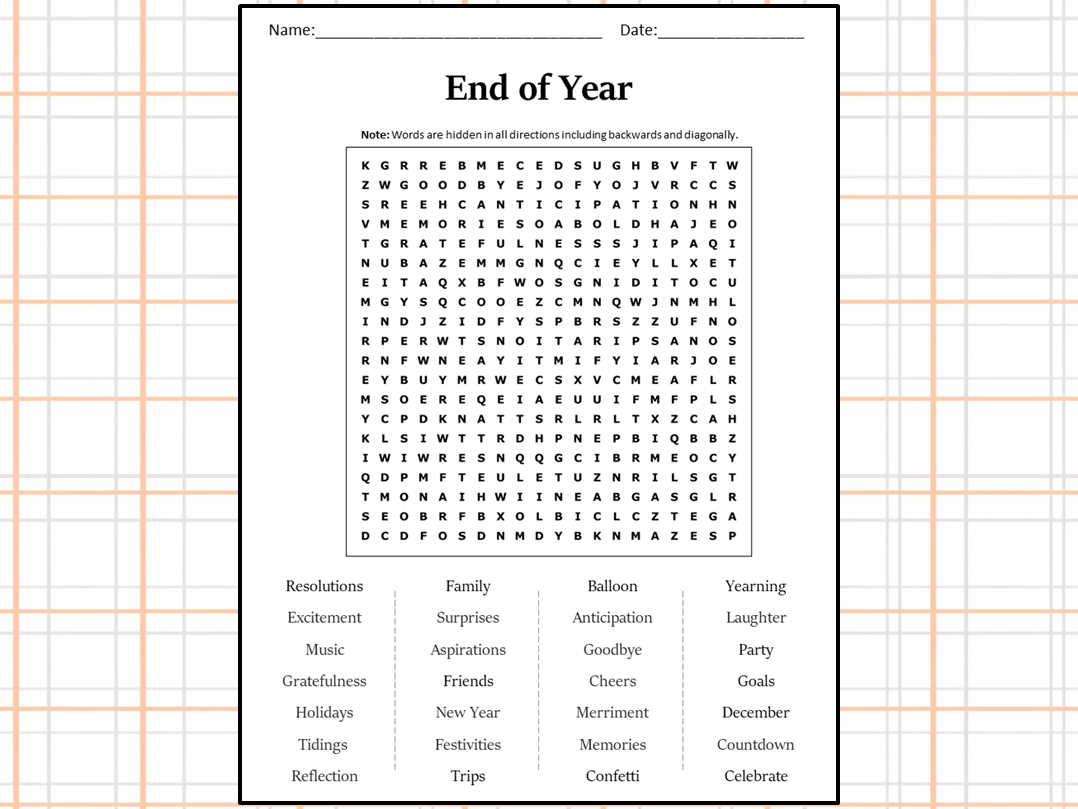 End Of Year Word Search Puzzle Worksheet Activity Teaching Resources