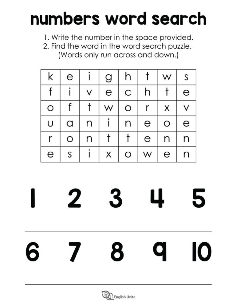 English Unite Numbers 1 10 Word Search Puzzle