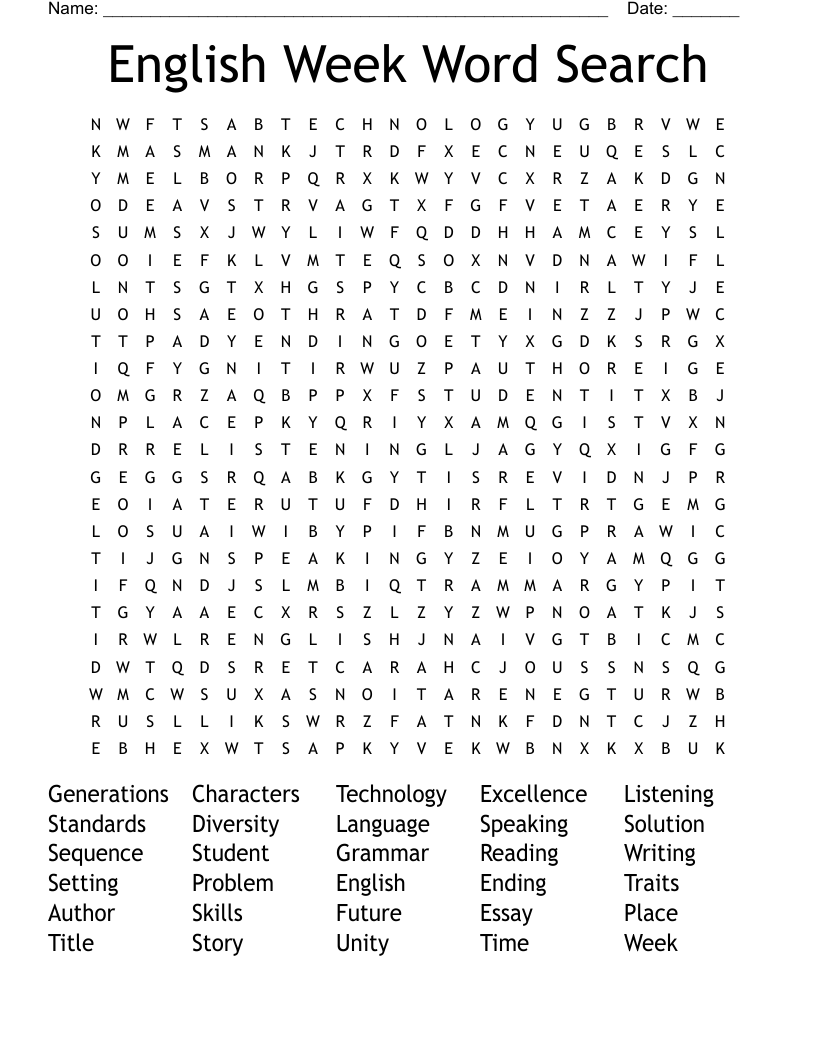 English Week Word Search WordMint