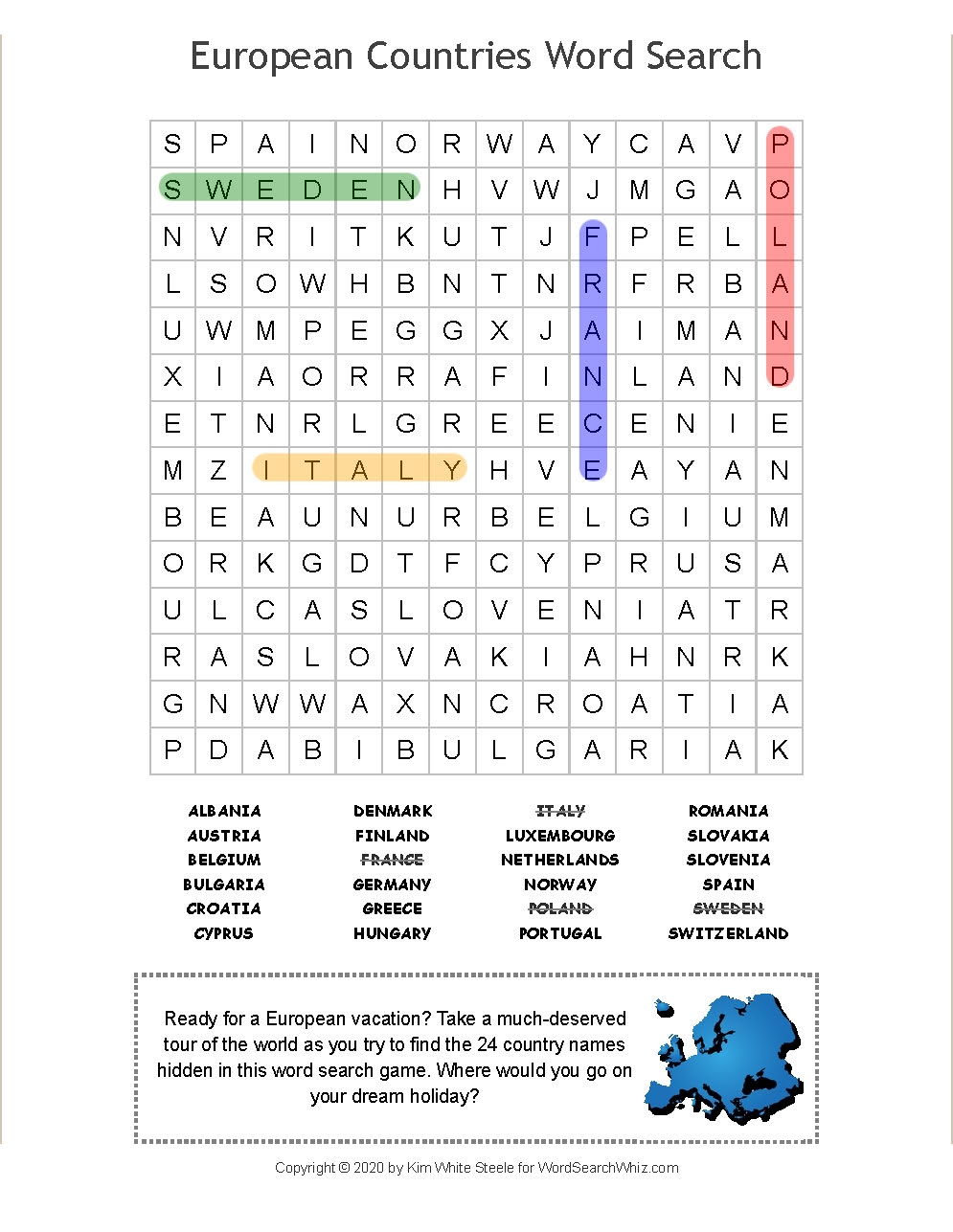 Printable Word Search European Countries
