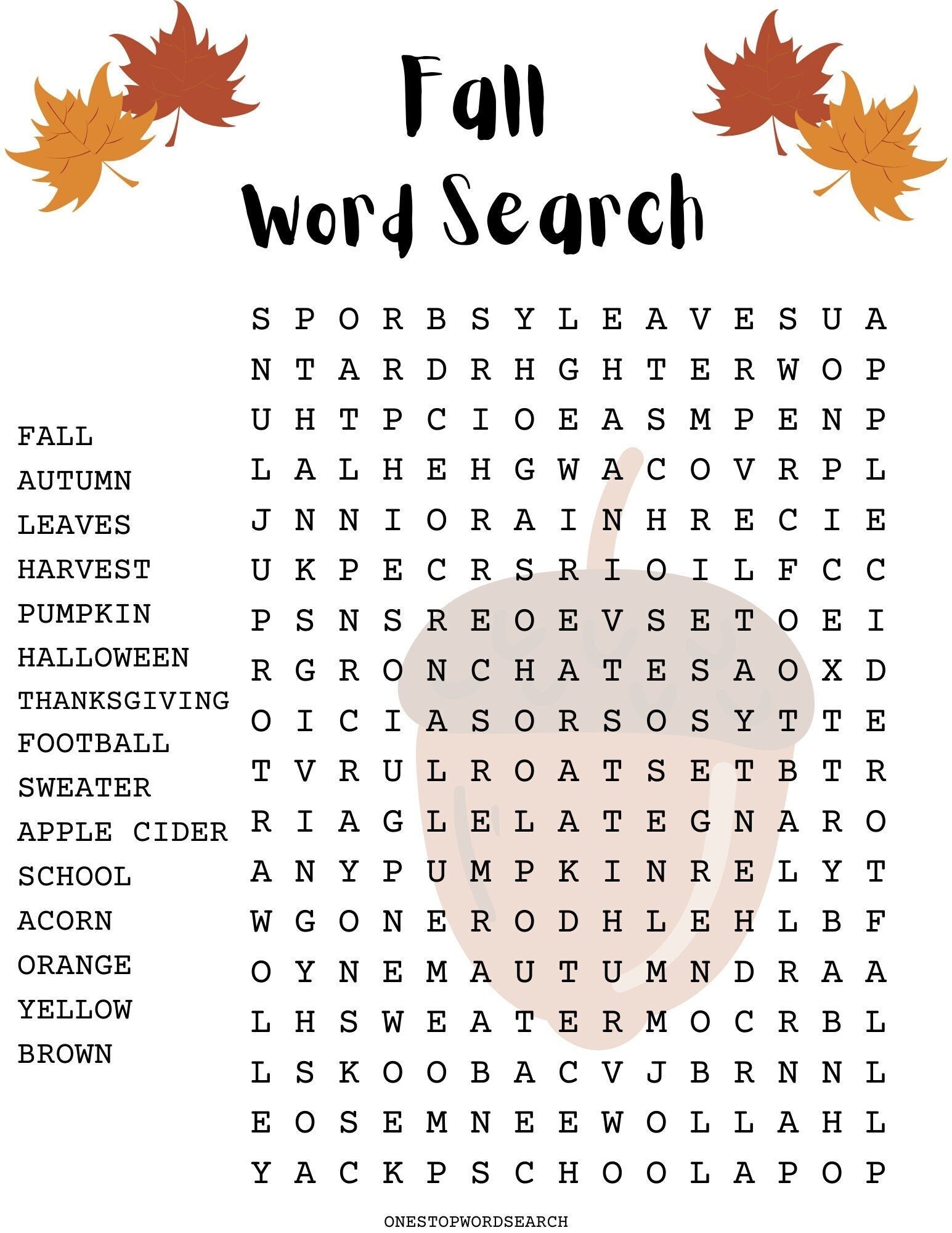Fall Guaranteed Word Search Puzzle