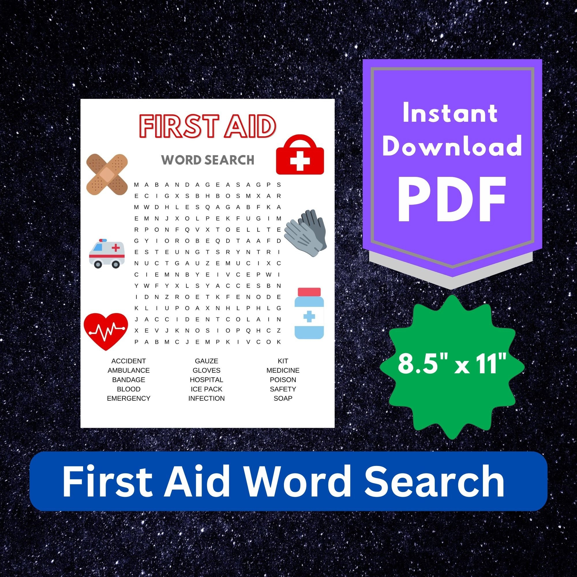 First Aid Word Search Puzzle Game For Kids Worksheet Activity Digital Printable Download Girl Scout Brownie Badge