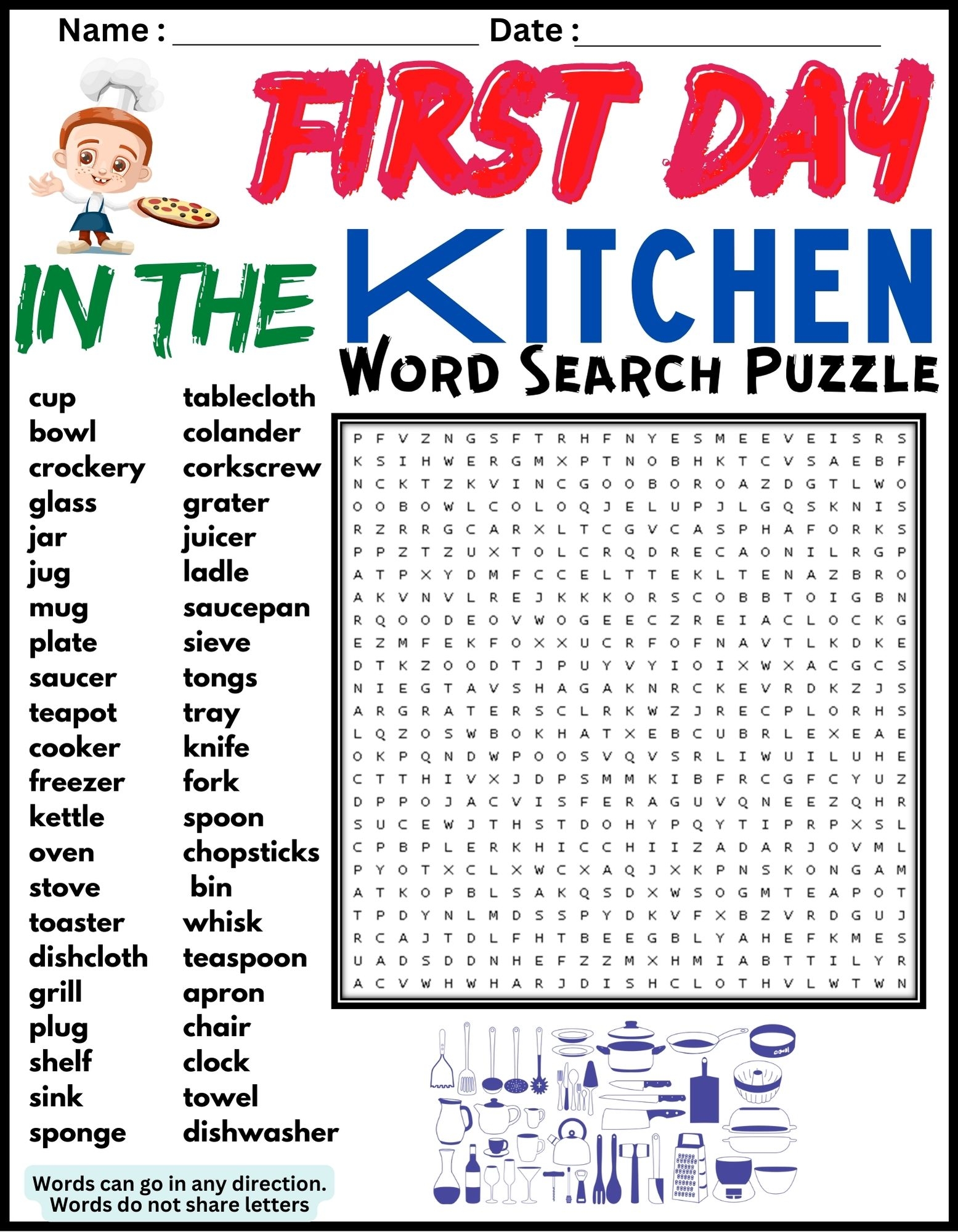 First Day In The Kitchen Word Search Puzzle Worksheet Activity Made By Teachers
