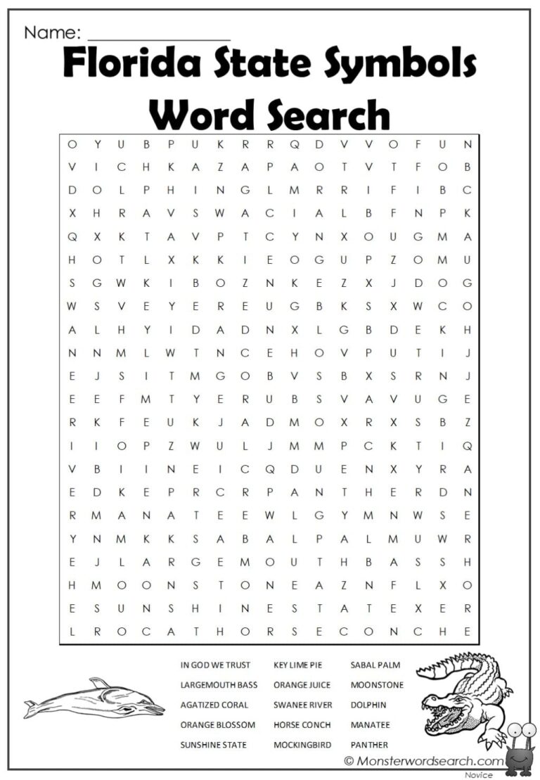 Florida State Symbols Word Search Monster Word Search