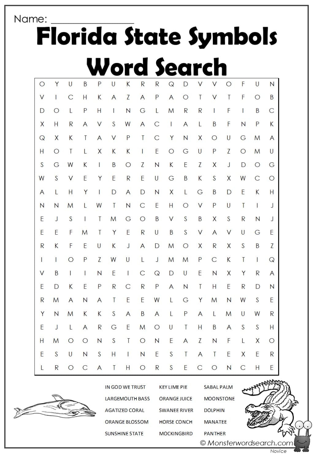 Florida State Symbols Word Search Monster Word Search