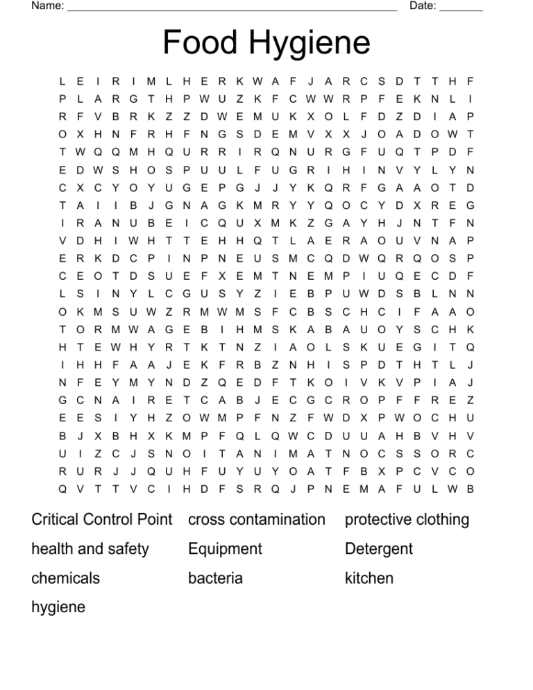Food Hygiene Word Search WordMint