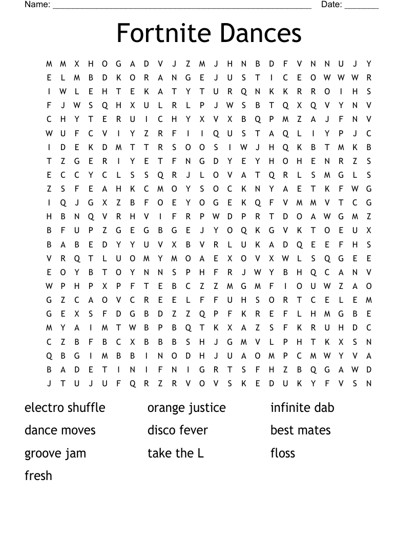Fortnite Dances Word Search WordMint