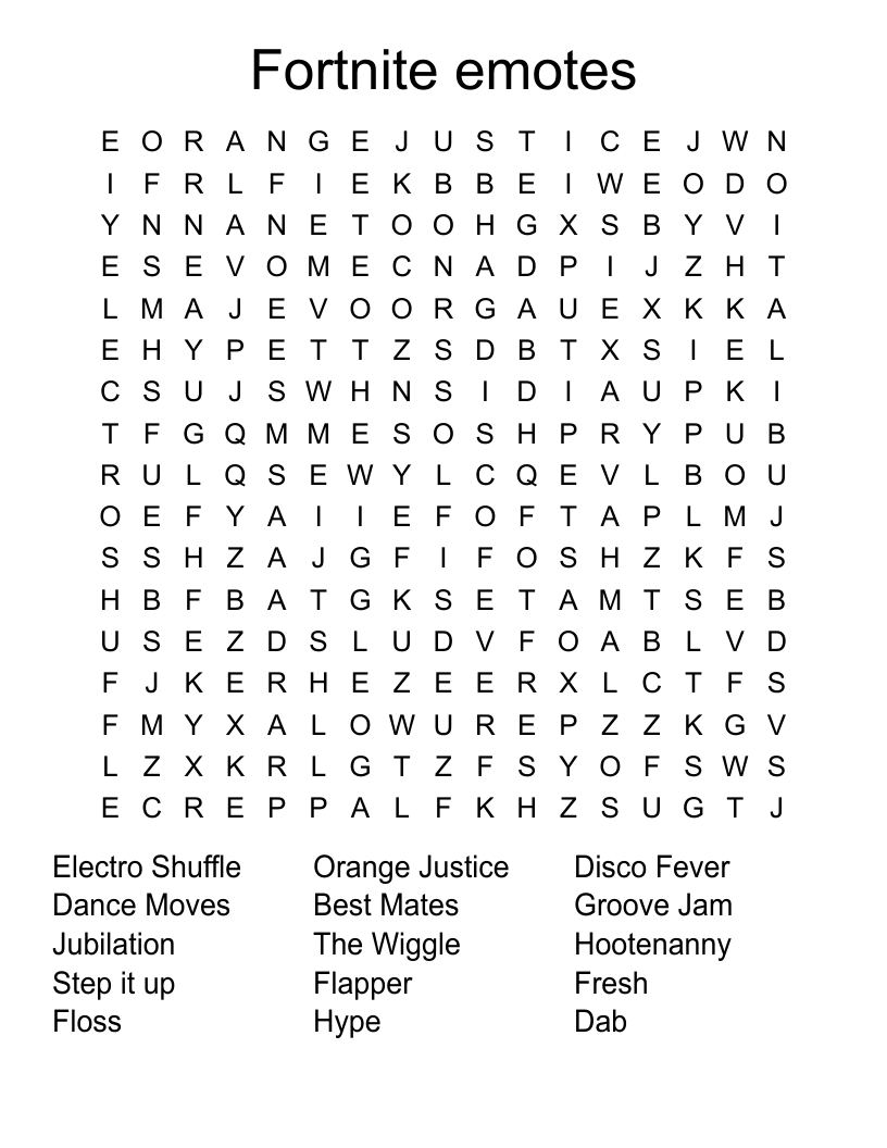 Fortnite Emotes Word Search WordMint