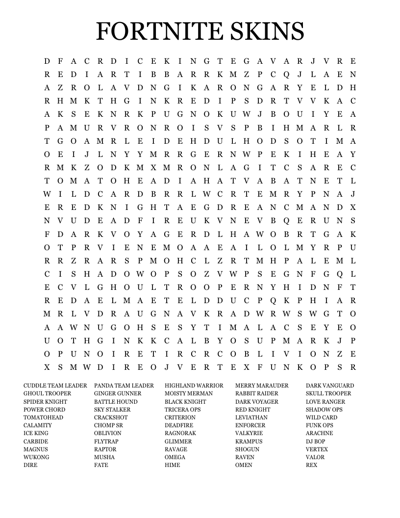 Fortnite Skins And Dances Word Search WordMint