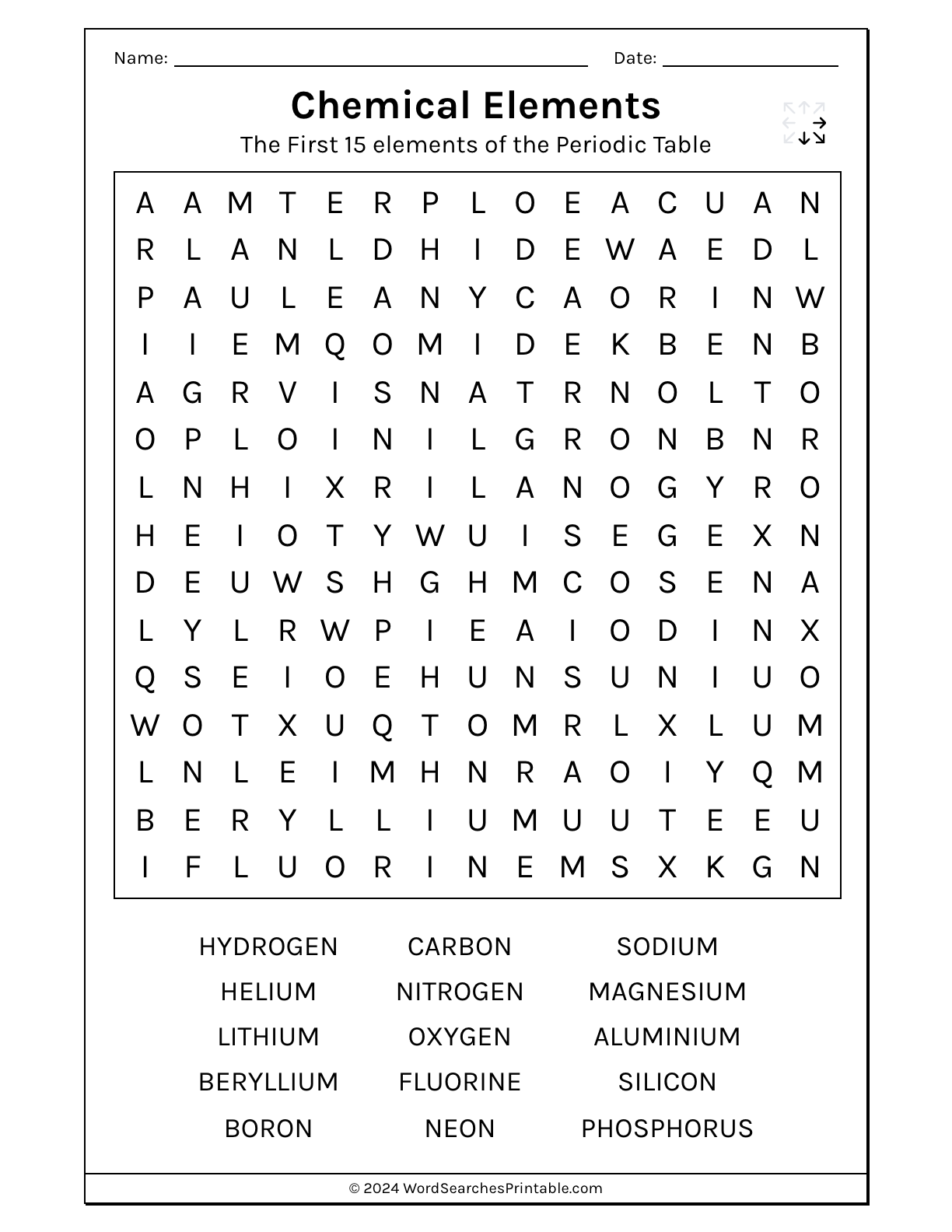 Free Printable Chemical Elements Word Searches