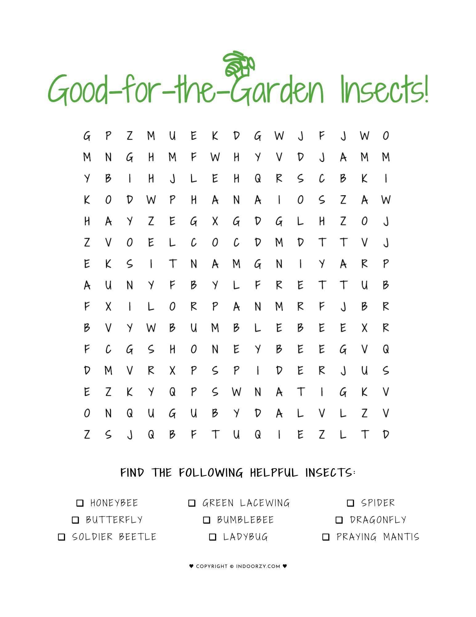 FREE Printable Good Garden Insects Word Search Puzzle For Kids Or Worksheets Library