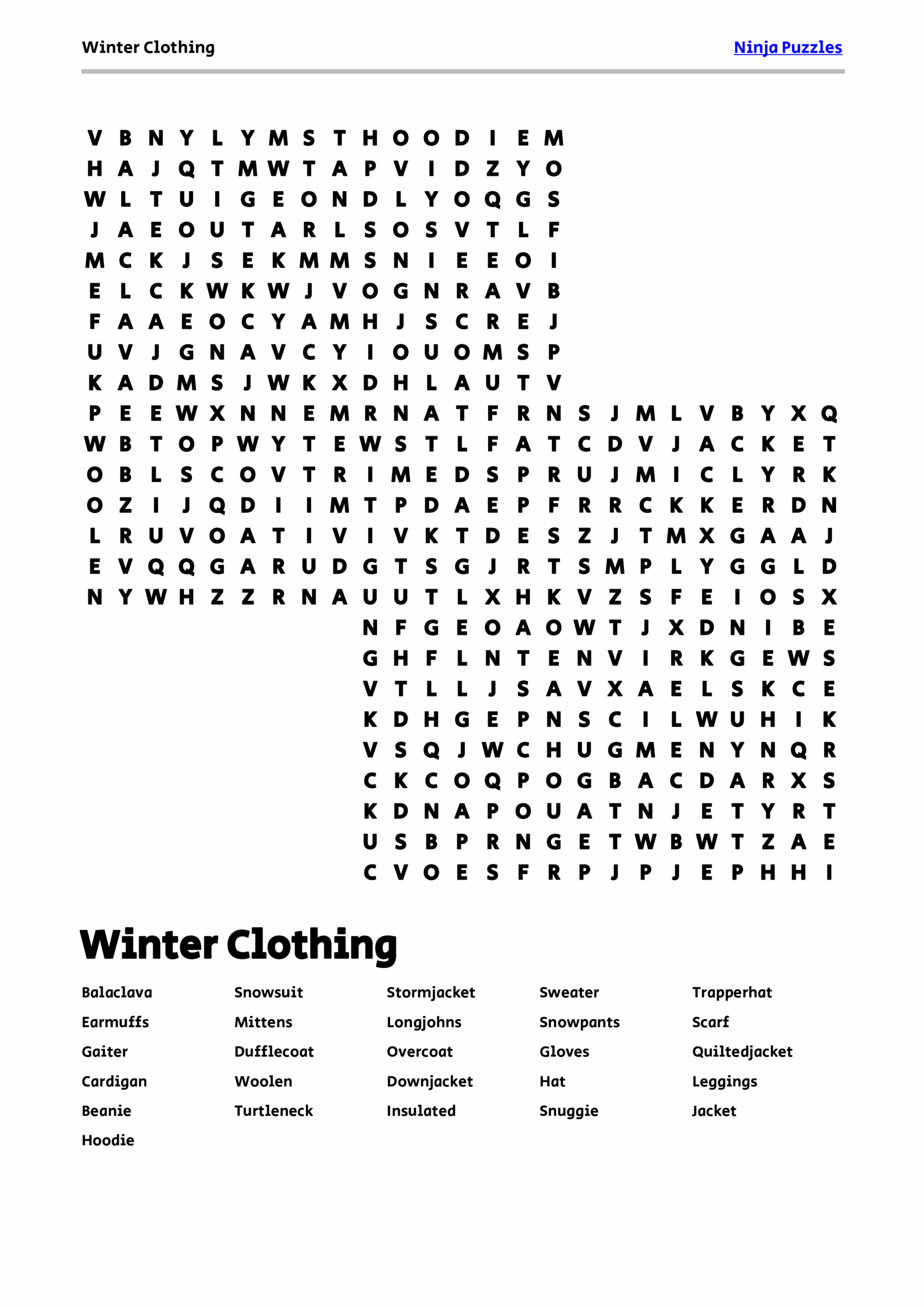 Free Printable Word Search Clothing
