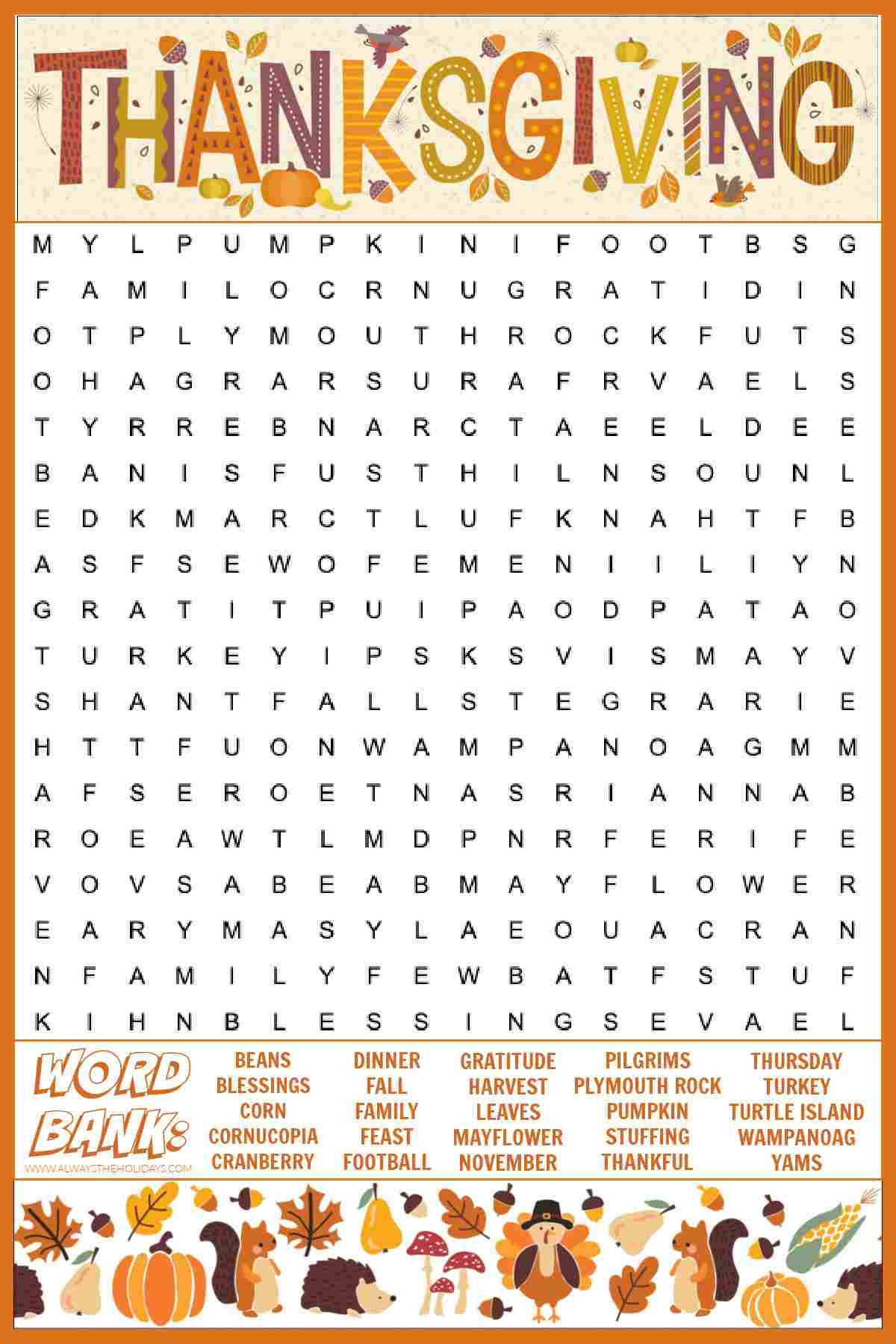 Free Word Search Thanksgiving Printable